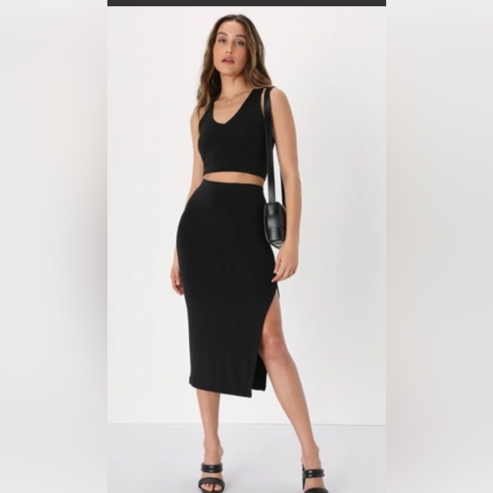 Lulu's set for life Black Ribbed Bodycon Two-Piece Midi Dress